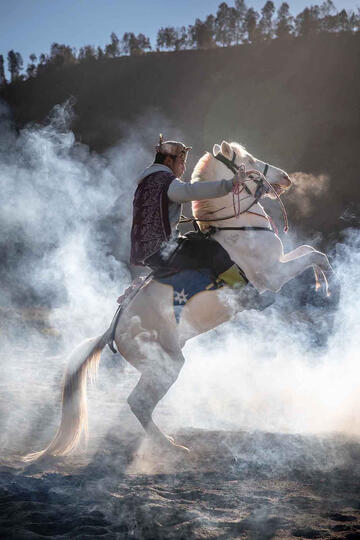 Rising Into the Light A Tengger horseman at the foot of the Bromo volcano Buy Print
